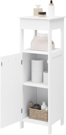 EUGAD Armario de Baño, Mueble Auxiliar Con Estantes de Almacenamiento, Estrecho de Pie, Cómoda Para Cocina, Salón y Dormitorio, Cajonera Rincón de Madera, Blanco, 32x30x99 cm