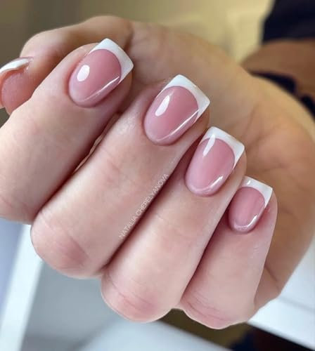 OKAQEE 24Pcs French False Nails - Short Press on Nails (Nude Short)