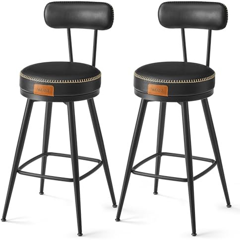 VASAGLE EKHO Kollektion - 360° drehbarer Barhocker, 4er Set, Hocker mit Rückenlehne für Kücheninsel, Kunstleder mit Nähten, Mid-Century-Modern-Stil, 65 cm hoch, Küche, Hausbar, tintenschwarz LBC289B01