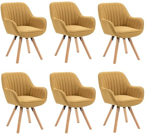 MEUBLE COSY Esszimmerstühle Drehbar 6er Set Küchenstuhl Polsterstuhl Drehstuhl mit Armlehne Sessel Schminkstuhl aus Stoff Massivholzbeine für Esszimmer Wohnzimmer Arbeitszimmer, Gelb