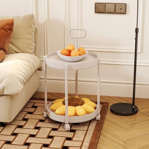GOLDFAN Beistelltisch Rund, Moderner Sofatisch mit Rollen und Zuglaschen, Mobiler Kaffeetisch, Couchtisch klein, Telefontisch, 2 Tier Kleiner Tisch für Wohnzimmer, Schlafzimmer, Büro, Grau 40x40x69cm