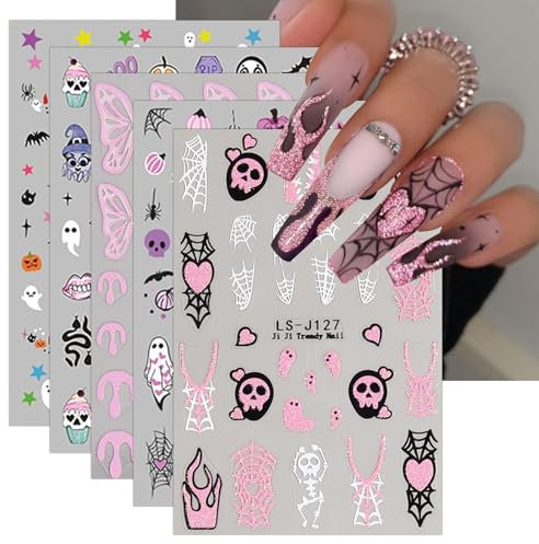 JMEOWIO Nagelsticker Halloween 9 Blatt Nail Art Sticker Selbstklebend Nagelaufkleber Rosa Glitzer Dekoration Nageldesign Zubehör