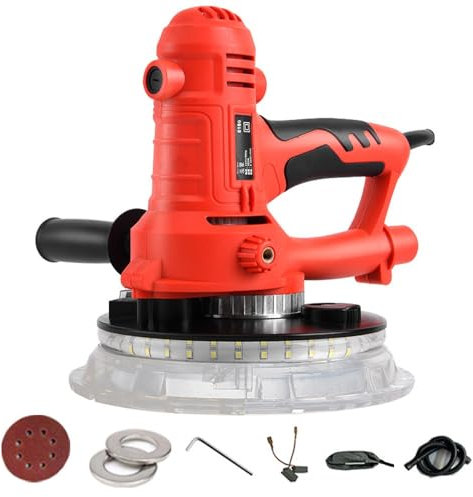 Trockenbauschleifer mit Absaugung, 710W Elektroschleifmaschine für Wände, Schleifteller-Ø 180mm, 2 LED-Lichtleisten,6 Geschwindigkeiten, Staubsammelsystem für Turbinen (50*Schleifpapier)