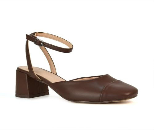 Women's Low Mid Heel Court Shoes Ladies Brown Synthetic Leather Strappy Ankle Strap Square Toe Comfy Square Toe Shoe Size 4