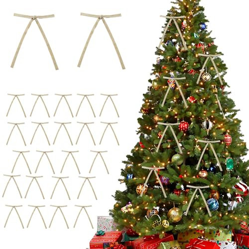 24 Pcs Velvet Christmas Bows, 5 x 7 Inch Velvet Bows for Christmas Tree, Vintage Ribbon Velvet Bows for Wreaths, Gifts,Door, Garland, Home Decor, Christmas Tree Bows for Christmas (Beige)