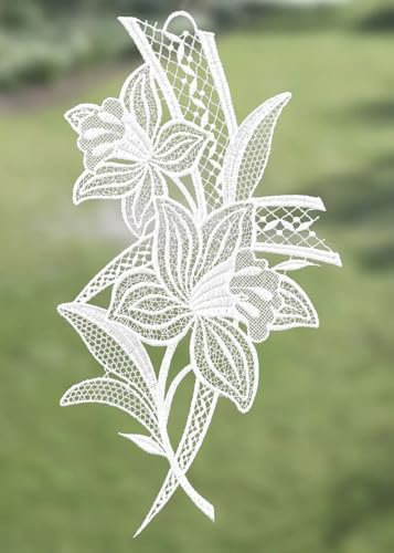 Fensterbild Frühing Orchideen weiß Plauener Stickerei HXB 33x16 cm