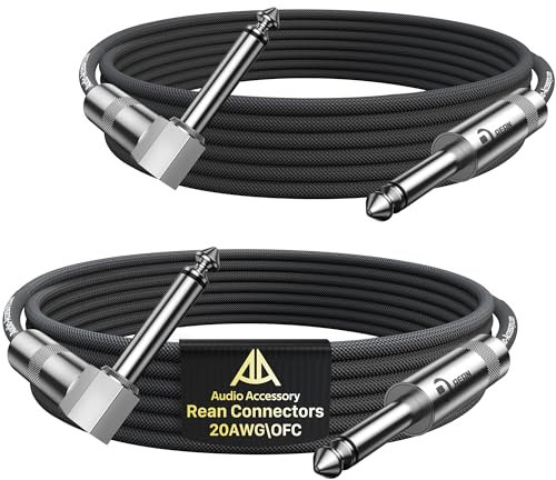 AA AUDIO ACCESSORY Right Angle Guitar Cable 2m 2 Pack, Nylon Braided Anti-Kinking Kevlar-Reinforced, 20 AWG 99.99% OFC 1/4 Instrument Cable, AL & OFC Shielded Guitar Lead for Fender Electric Guitar
