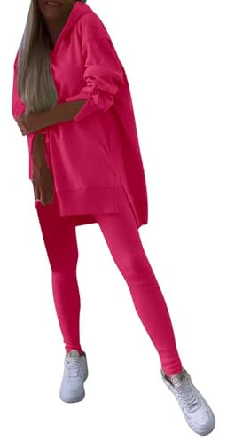 Generisch Set sportivo casual da donna, pantaloni lunghi e felpa con cappuccio diviso, per abbigliamento sportivo e tempo libero, in velluto, tuta da jogging da donna, rosa intenso, S