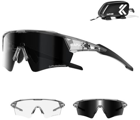 KAPVOE Fahrradbrille Selbsttönend für Herren Damen Photochrome Sport Sonnenbrille Klar Rennrad Brille TR90 Rahmen Schnelle Brille Radfahren MTB Radbrille UV400 Schutz Sportbrille für Laufen Schwarz