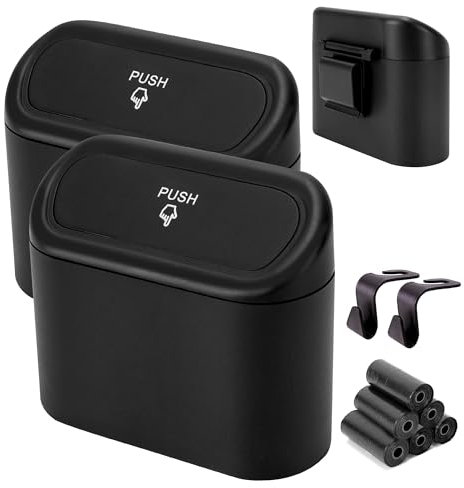 Car Trash Bin Set with Waste Bags, Mini Push-Lid Design, Black