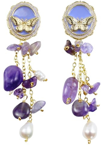 Große Ohrringe mit Amethyst & Perle – 14K vergoldete Creolen mit 925 Silberstift, auffälliger Schmuck für Damen
