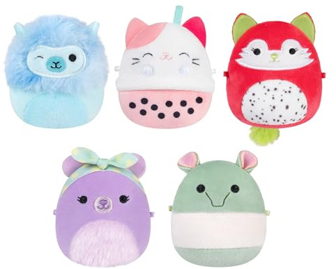 Squishmallows Original Micromallows Plush 5-Pack - Lavender Bear, Dragonfruit Fox, Calico Cat Boba Tea, Tapir, Alpaca