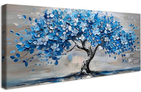 Stampa su tela Con Cornice Albero della vita Astratto Pittura Albero di Fiori Blu Quadri su tela Blu Navy Quadri Moderni Quadretti da Parete Stampa da Parete Soggiorno Camera da Letto 50x120cm