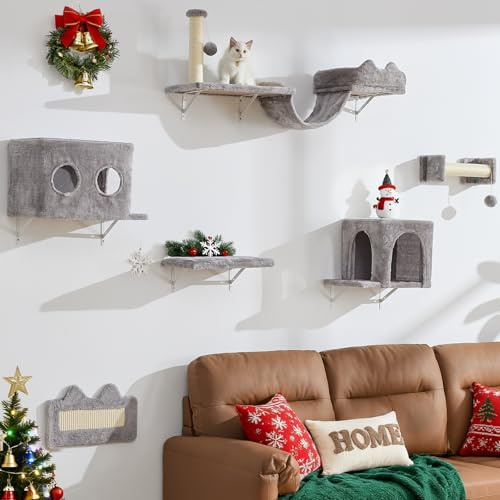 BYBYME Multifunctional Cat Climbing Frame, 6PCS Sturdy Cat Wall Furniture Set With Cat Bed And House, Scratching Board And Sisal-Covered Posts For Cats To Play, Rest (Light gray)