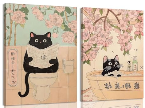 Framed Japanese Bathroom Wall Art Set of 2, Funny Black Cat in Bathtub and Toilet Pictures Wall Decor Paintings, Vintage Cute Animal Canvas Prints Home Decor for Restroom Spa Room 12x16 inch