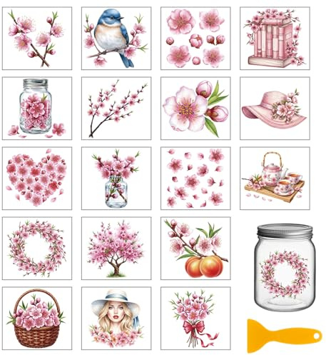 GLOBLELAND 18 Blatt Frühling Pfirsichblüten Blumen Transferaufkleber 3.9x3.6 Zoll Bunter Kranz Blumenstrauß Transferaufkleber Zum Aufreiben Für Tassenaufkleber Vasen Glas Kunsthandwerk Dekorationen