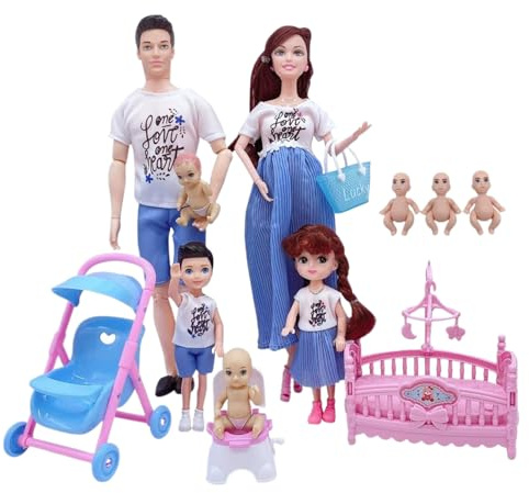 Grtheenumb Familienpuppenset, sicheres schwangeres Puppenset mit Papa und 3 Kindern, 5 Personen mit Puppenhauszubehör Rollenspielspielzeug für Kinder |