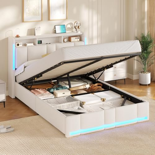 AOGLLATI Polsterbett 140×190 mit Steckdosen & LED Beleuchtung, Doppelbett mit Stauraum Kopfteil & Hydraulischem Stauraum, Bettgestell mit Lattenrost, Jugendbett 140×190, Linen, Ohne Matratze, Beige