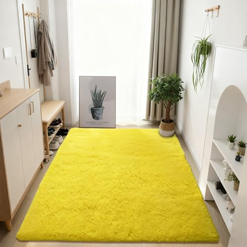 GOUER Teppich Wohnzimmer Schlafzimmer 160 x 240 cm Weich Und Flauschig Rutschfester Hochflorteppich Pflegeleicht Und Einfarbig für Schlafzimmer Kinderzimmer, Bettvorleger Matte, Gelb