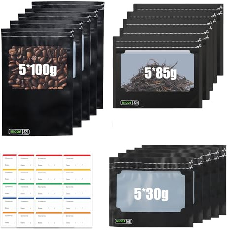 Grove Bags Terploc 15 Bolsas Herméticas Reutilizables con Ventana, Control de Humedad 58–62%, Antiolor y Protección UV para Café, Té, Hierbas y Especias, 30g/85g/100g + Etiquetas