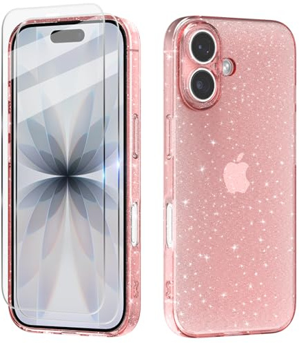 Tikgue Hülle für iPhone 17 mit 2 Stück Schutzfolie，Handyhülle Glitzer Transparent Silikon Stoßfeste Schutzhülle Slim Weich TPU Case Kompatibel mit iPhone 17 - Rosa