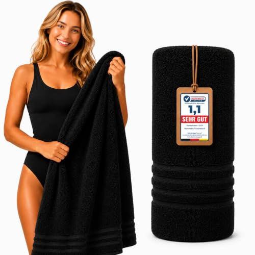 Komfortec Badetuch 100x200 cm aus 100% Baumwolle, Saunatuch XXL, Weich, Groß, Frottee, Schnelltrocknend, Schwarz