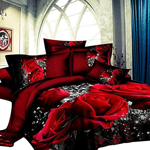GD-SJK Bettwäsche, dreiteilig, 3D rote Rose,Bedruckte Bettwäsche Tröster Set Romantische Blume Bettbezug für Doppelbett 135 x 200 cm in rot aus Microfase (220 * 240cm)