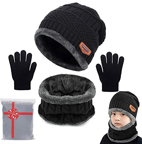 Yutdeng Tricotés Enfants Ensemble d'hiver Bonnet écharpe Gants 3 en 1, Doublure Molleton Doux Bonnet tricoté Chaud Cache-Cou Extensible Gants,Noir,Taille unique