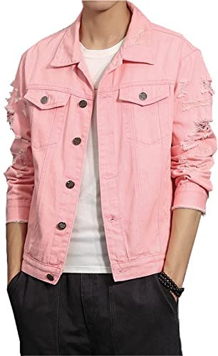 Hommes Denim Manteau Veste en jean Veste en jean rose for hommes déchirés for hommes veste en jean masculin (Couleur : Rose, Size : 5XL)