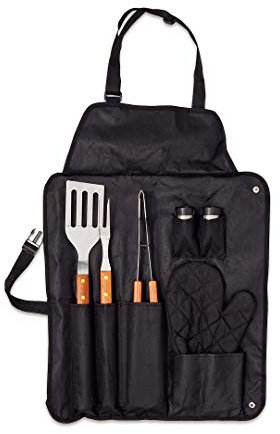 Set Barbacoa con Utensilios, Delantal y Manoplas, Regalos Original para Hombres y Mujeres, Pinza, Paleta y Tenedor en Acero INOX y Madera Ideal para los amnates de Las barbacoas y parrilladas.