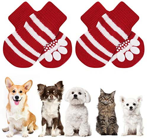 AUAUY Indoor Anti-Rutsch Socken für Hunde und Katzen, Pet Socken, Hundesocken Anti Rutsch Pfotenschutz und Traktion Dank Silikon-Gel 2 Größen für Kleine-Mittlere Tiere(Rot und Weiß M)