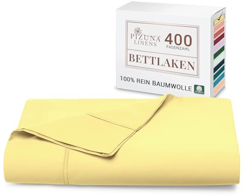 Pizuna Bettlaken ohne Gummizug Baumwolle 230x280 cm Mildes Gelb, 400 Fadenzahl 100% Langstapel Baumwolle Bettlaken, Satinbindung Flachlaken Mit stilvollem 5 cm Saum Mako Satin