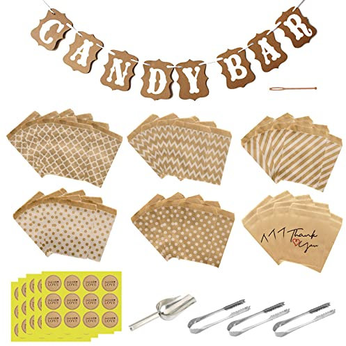 CHEVVY Candy Bar Decoration 60 Sachet Papier Bonbon 18 X 13CM et 60 Autocollants Candy Bar Guirlande avec 3 Pinces à Sucre et 1 Cuillères à Glace pour Bar à Bonbons Buffet Mariage Fête