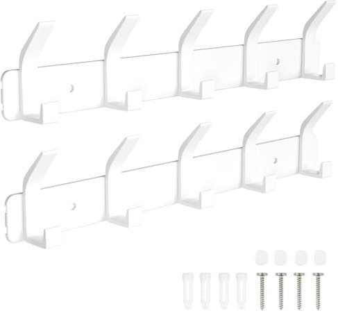 Sarsumir 2 Packs Coat Hooks Wall Mounted Over Door Hangers with 5 Hooks Coat Racks for Front Door, Bedroom, Coats, Jackets, Purses, Bags, Clothes, Towels (White)