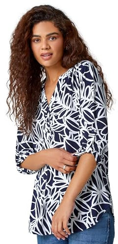 Roman Originals Shirt for Women UK Ladies Top Collarless Blouse Stretchy Tunic Smart Casual Autumn Winter Jersey 3/4 Length Sleeve Notch V Neck Flattering Office Work - Navy Ivory - Size 12