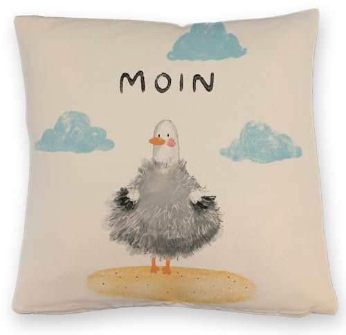 Möwe Kissen mit Leinenoptik mit Spruch Moin lustiges für Frauen Reise Kuscheliger Kissen mit Leinenoptik bezug Wasser DekoKissen mit Leinenoptik Bedruckt Inlay Verschiedene Kissen