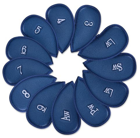 Golf Club Iron Head Covers, 12pcs Golfs Headcover set, Thick Synthetic Leather GolfIron Head Covers Set Fit All Brands Titleist, Callaway, Ping (Blue)