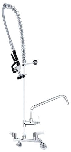 TAIMIKO Commercial Kitchen Pre-Rinse Spray Tap - Pre Rinse Mixer with 4-8 Inch Adjustable Center,Wall Mounted Tap,Double Hole Deck, Pull Out Flexible Hose Sink, Add-on 12 Swing Spout Twin Pedestal