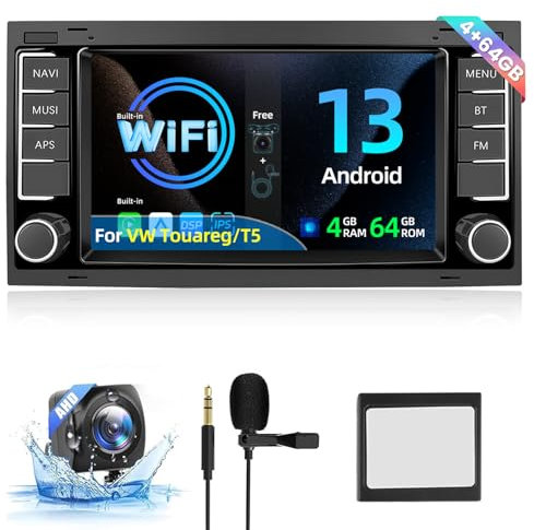 4+64G Car Stereo para VW Touareg 2004-2011 / Transporter T5 2004-2009 - Carplay inalámbrico y Android Auto WiFi GPS - Steer Pantalla Dividida con Control de Volante + Cámara de Marcha atrás