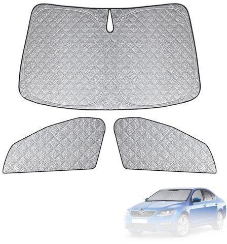 Sonnenschutz Kompatibel mit Skoda Octavia MK3 2012-2019, 3 PCS Auto Frontscheibe Windschutzscheiben Schutz Set, Internes Thermomatte mit Aufbewahrungstasche, Faltbar Sonnenblende