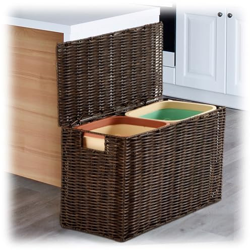 Teenyyou Wicker Trash Can with Lid 2 x 3 Gallon Dual Compartment Trash Bin Plastic Woven Rattan Waste Basket with 2 Removable Plastic Garbage Can for Bathroom Bedroom Kitchen Home Office