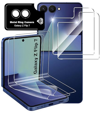 Fitudoos per Samsung Galaxy Z Flip 7【2 Pezzi】 Dentro Pellicola Protettiva Morbida +【2 Pezzi】 9H Anteriore Vetro Temperato +【1 Pezzi】 Fotocamera Pellicola Protettiva Membrana, Nessuna bolla.
