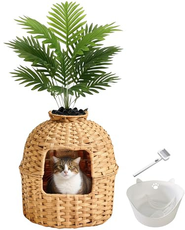Cat Litter Box Plant Furniture Enclosure, Hidden Handwoven Rattan with Cat Litter Box and Artificial Plants, Odor Control Filter, Real Stones in Living Room, Bedroom, Corner Natural