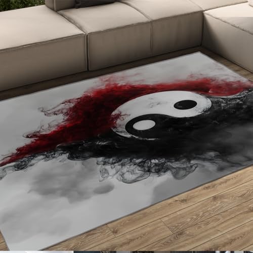 MOKOSAISE Yin Yang Bagua Area Teppich Japanischer Stil Schwarz-Rot-Tinte Kunst Waschbare Drucke Teppich für Zuhause Yoga Space Spa Schlafzimmer Wohnzimmer 120x160cm