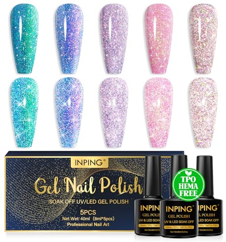 INPING Gel Nail Polish TPO-FREE Reflective 6 Colors UV Nail Varnish 8ML | Spring Summer Winter Classic Popular Glitter Nail Varnish Kit Nail Polishes for Women DIY Manicure Gift
