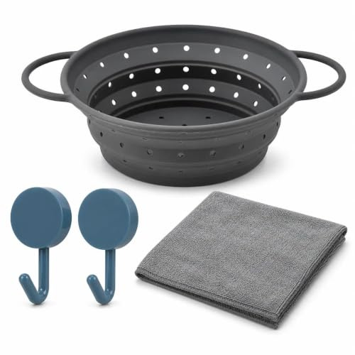 Faltbares Nudelsieb Set aus Silikon mit 2 Haken und 30 x 30 cm Tuch | Schwarzes Silikon-Faltsieb mit 2 Haken und 30 x 30 cm Tuch; faltbar und spülmaschinengeeignet für Nudeln, Obst und Gemüse