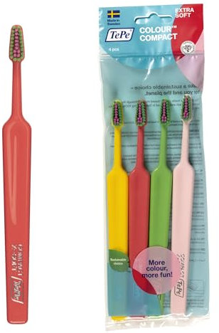 TePe Colour Compact Toothbrush, Extra Soft, Mixed Pack, 4pcs, kids toothbrush with its small brush head, gentle cleaning with extra soft filaments