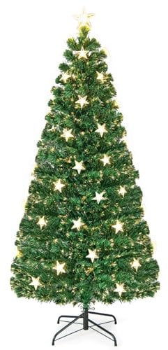 COSTWAY 5FT/6FT Fiber Optic Christmas Tree, Pre-lit Artificial Xmas Trees with Star LED Lights, 8 Lighting Modes, Foldable Metal Base, Holiday Decor for Home Office Shop(6FT)