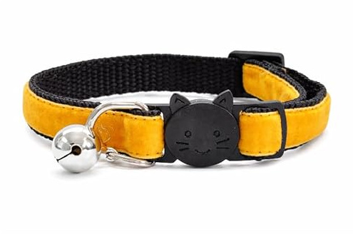 Velvet Cat Collars with Bell | Quick Safety Release Breakaway Buckle | Handmade in the UK | Available in Cat & Kitten Size | Gold Velvet
