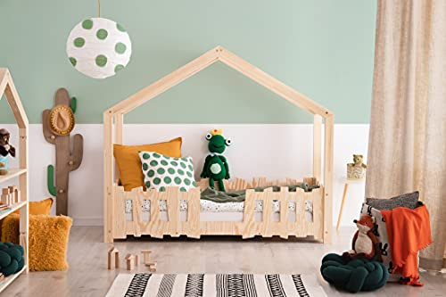 Kinderbett Hausbett, Solide Kinderbett, Montessori-Bett, Jungenbett, Kindermöbel, Kleinkinderbett mit Lattenrost (90x180 cm)